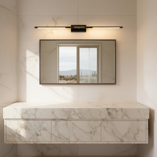 Lorvali contemporary black and gold LED vanity light bar mounted above a rectangular mirror in a marble bathroom.