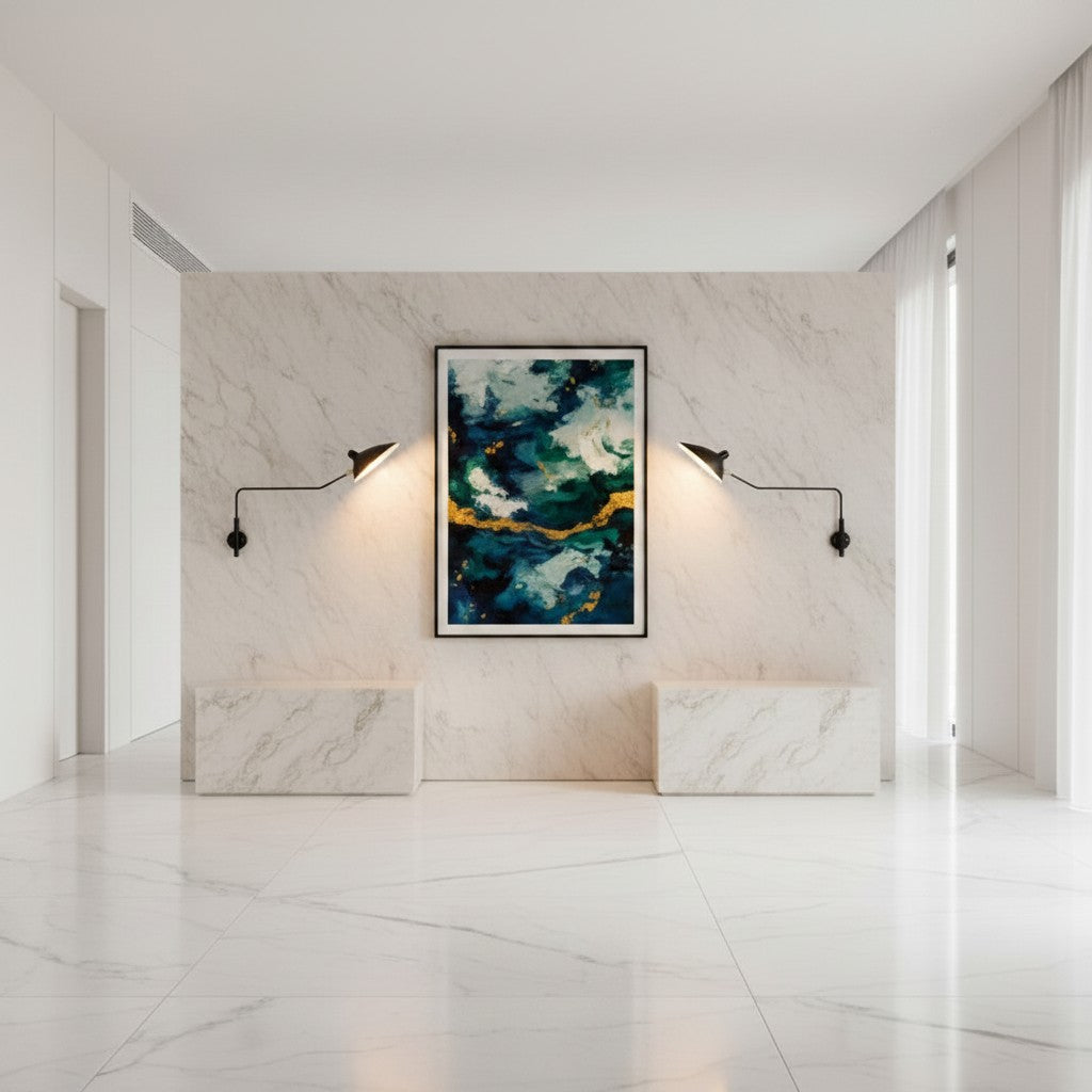 Lorvali black industrial double arm wall sconces mounted on a marble wall flanking abstract art in a modern hallway
