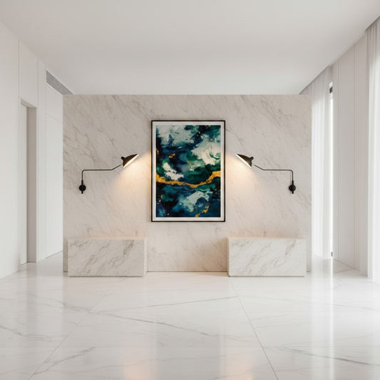 Lorvali black industrial double arm wall sconces mounted on a marble wall flanking abstract art in a modern hallway