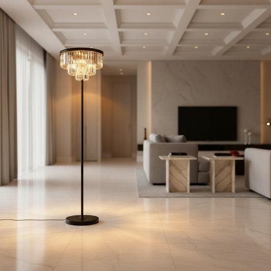 Lorvali floor crystal lamp with a black iron base and tiered clear crystal shade in a modern luxury living room.