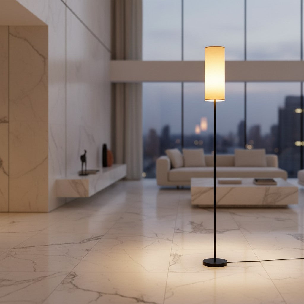 Lorvali mid-century floor lamp with a slim black iron post and a warm glowing linen shade in a modern living room.