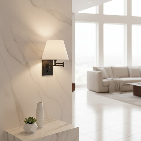 Lorvali American style black iron swing arm wall lamp with a white fabric shade mounted on a marble wall
