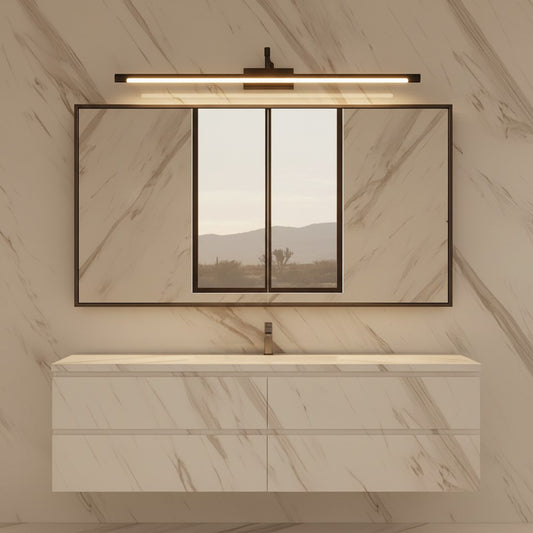Lorvali modern matte black LED vanity light bar mounted above a bathroom mirror with marble wall tiles