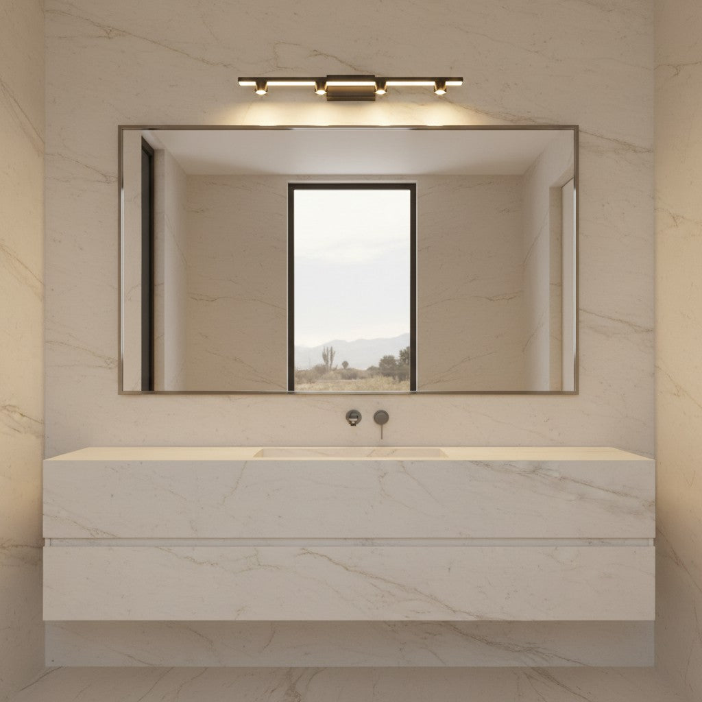 Lorvali black minimalist LED vanity light bar mounted above a rectangular bathroom mirror in a marble-tiled room.