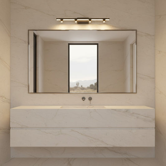 Lorvali black minimalist LED vanity light bar mounted above a rectangular bathroom mirror in a marble-tiled room.