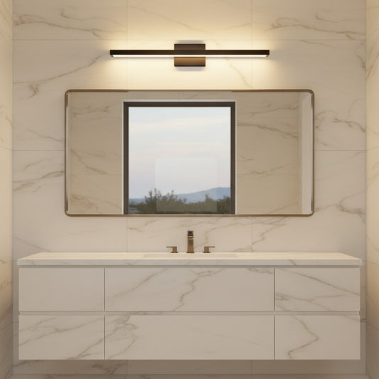 Lorvali modern black LED vanity light bar mounted above a bathroom mirror with marble tile wall background