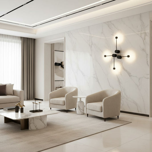 Lorvali modern black LED wall light with a geometric cross design mounted on a white marble living room wall.