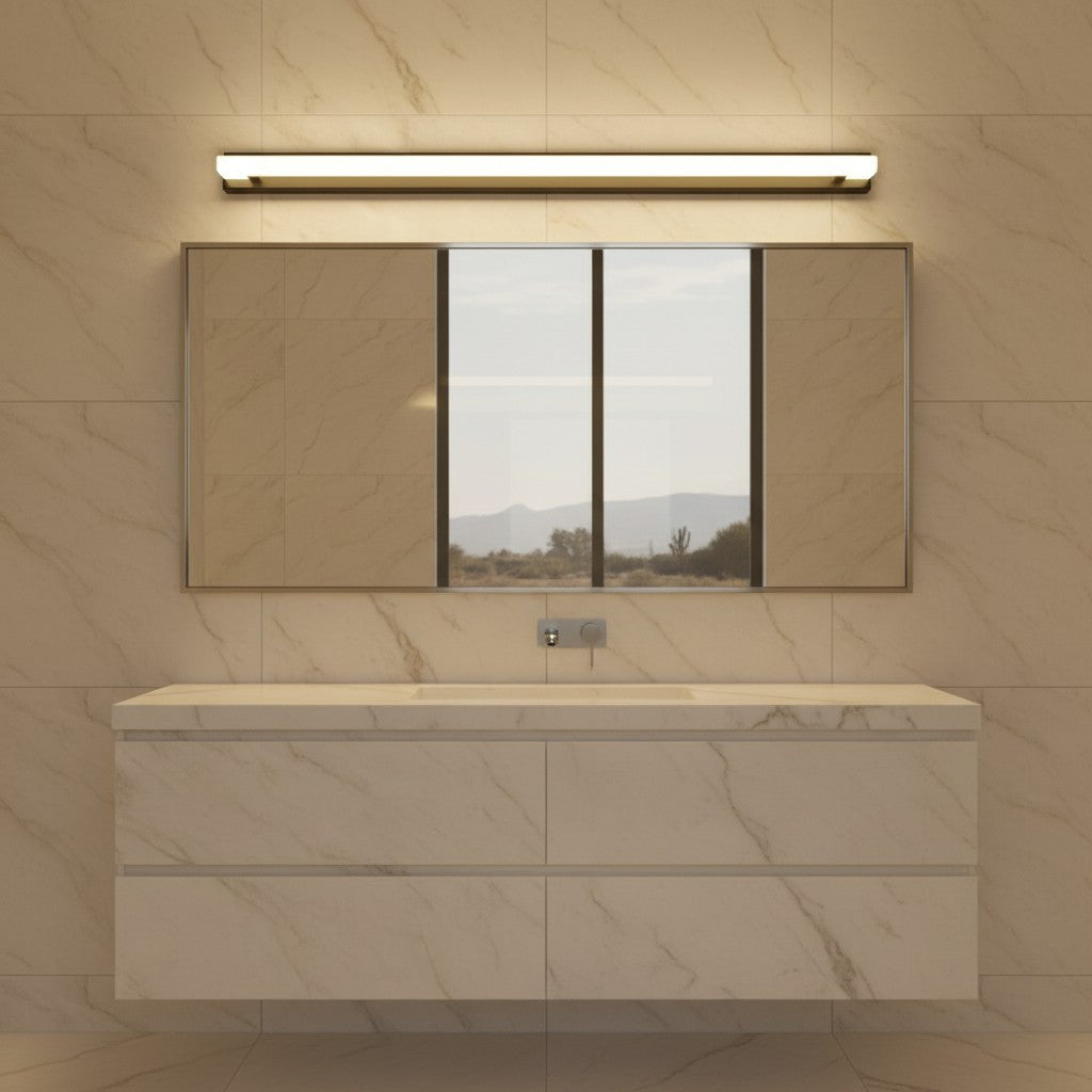 Lorvali 16-inch black linear LED vanity light with mesh filter mounted above a modern bathroom mirror and vanity.