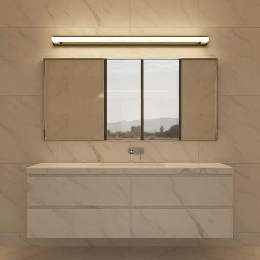 Lorvali 16-inch black linear LED vanity light with mesh filter mounted above a modern bathroom mirror and vanity.