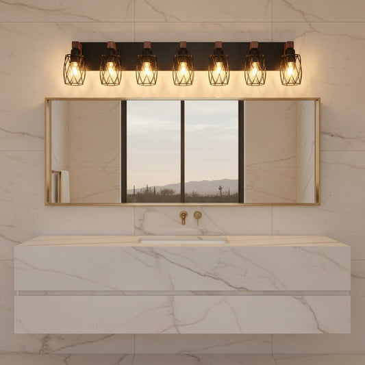 Lorvali black metal cage vanity bathroom light with walnut accents mounted above a modern mirror in a marble bathroom.