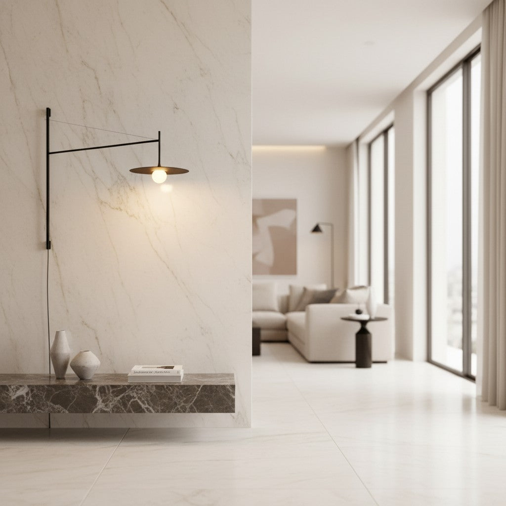 Lorvali modern black metal cantilever wall lamp with a disc glass shade mounted on a white marble wall in a living room