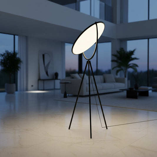 Lorvali modern black metal tripod floor lamp with a rotating circular LED acrylic shade in a spacious living room.