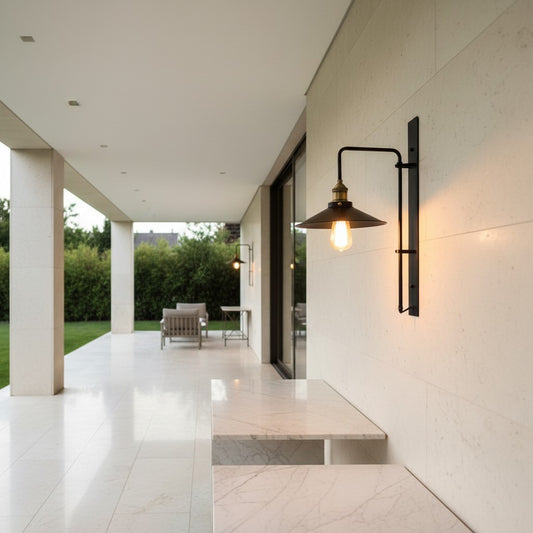 Lorvali black retro industrial wall sconce with adjustable arm and warm LED bulb mounted on a modern outdoor patio wall.