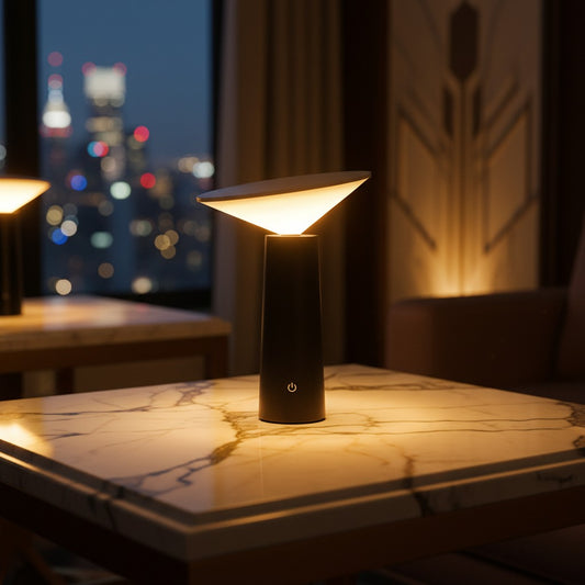Lorvali modern black torch table lamp with a rotatable white cone shade, emitting warm ambient LED light on a table.