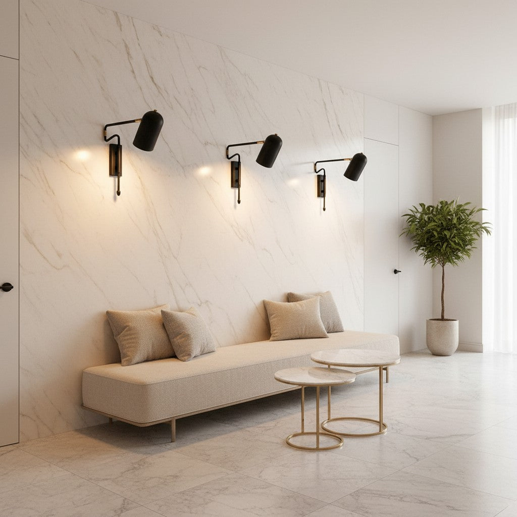Lorvali Nordic style black swing arm wall sconces with glass shades mounted on a marble wall in a modern living room