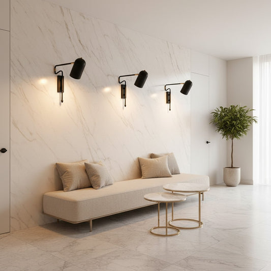 Lorvali Nordic style black swing arm wall sconces with glass shades mounted on a marble wall in a modern living room