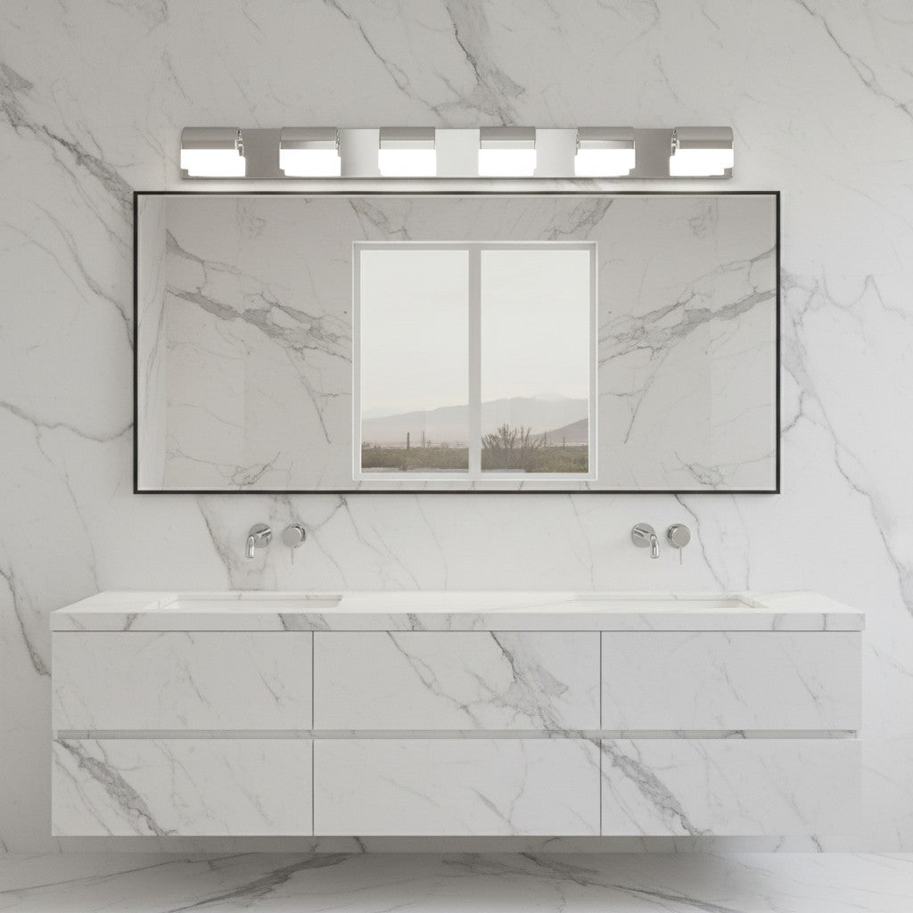 Lorvali minimalist black vanity lighting with white acrylic shades mounted above a bathroom mirror on marble wall