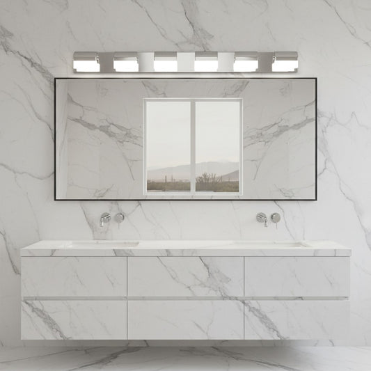 Lorvali minimalist black vanity lighting with white acrylic shades mounted above a bathroom mirror on marble wall