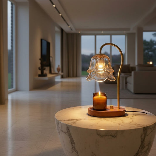 Lorvali Blomst candle warmer table lamp with a floral amber glass shade and wood base on a marble side table.