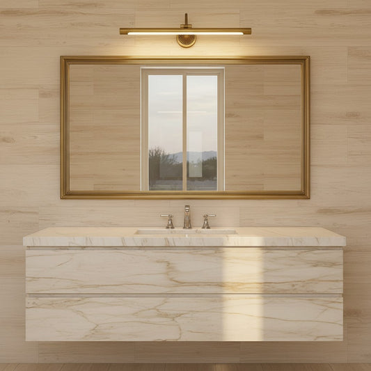Lorvali American retro LED vanity bathroom light in brass finish with white acrylic shade mounted above a wall mirror.