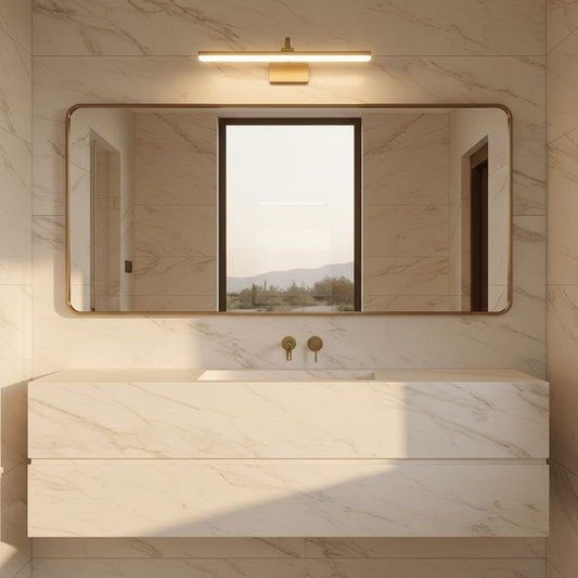 Lorvali modern brass LED vanity light bar mounted above a rectangular mirror in a marble bathroom.