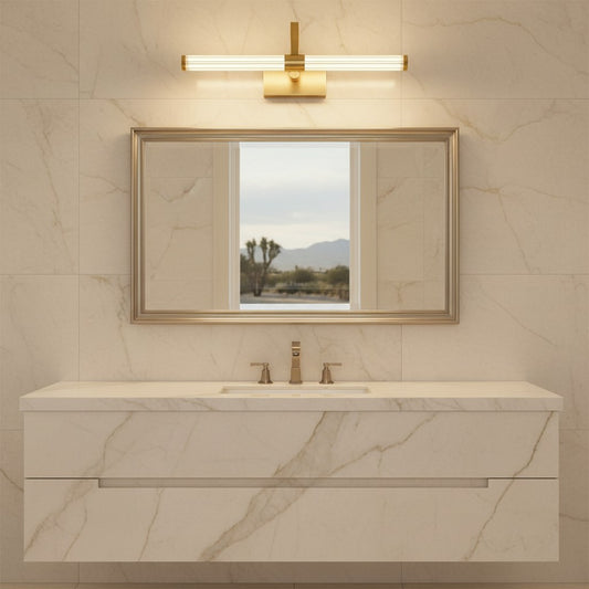 Lorvali Nordic brass vanity wall light with white acrylic shade mounted above a bathroom mirror in a marble bathroom.