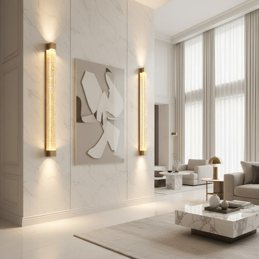 Lorvali minimalist bronze wall sconces with crystal bubble glass in a modern living room with marble wall panels.