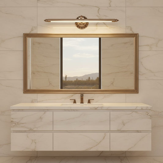 Lorvali retro bronze LED bathroom vanity light with flower accents mounted above a mirror on a marble wall