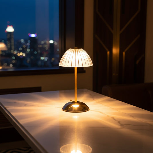 Lorvali cordless LED table lamp with a brushed brass base and ribbed acrylic dome shade on a marble table.