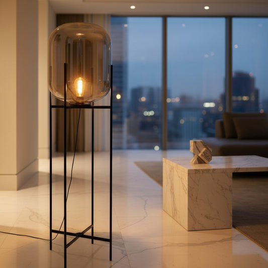 Lorvali bubble glass floor lamp with a smoked gray shade and black metal industrial base in a modern living room