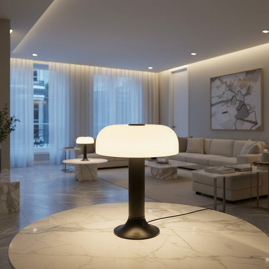 Lorvali Bumling Hans table lamp with a black metal base and a white glass mushroom shade on a marble table.