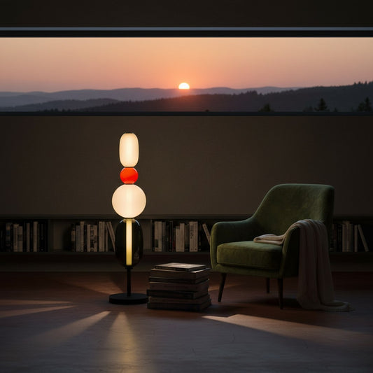 Lorvali Candied Glass floor lamp with stacked white, red, and dark glass spheres in a modern living room at sunset.