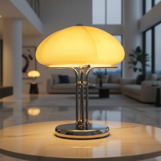 Lorvali Cato glass table lamp with a caramel four-leaf shade and reflective chrome base casting a warm ambient glow.