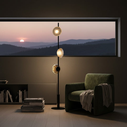 Lorvali Ceto floor lamp with three glowing glass orbs on a black metal stand in a modern living room at sunset.