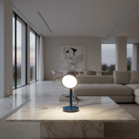 Lorvali Chroma Tilt table lamp in blue resin with a glowing glass lens, placed on a marble coffee table in a living room