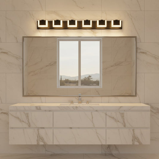 Lorvali Nordic style 6-head LED vanity light with chrome finish and white PC shades mounted above a bathroom mirror.
