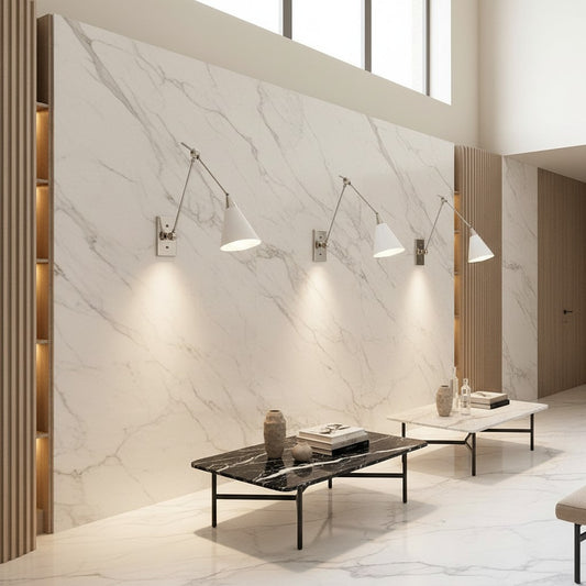 Lorvali chrome swing arm wall sconces mounted on a white marble wall in a modern living room interior.