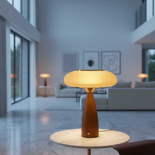 Lorvali Cielo modern table lamp with a walnut wood base, gold accents, and an amber glass diffuser in a living room.