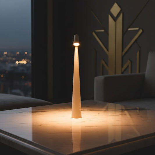 Lorvali modern cone shaped LED table lamp in white, featuring a slim metal design on a marble table at night.