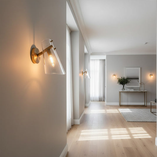Lorvali contemporary wall sconce with a warm copper finish and clear glass shade mounted in a bright modern hallway.