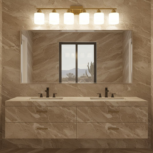 Lorvali modern 6-head bathroom vanity light with a copper finish and creamy white glass shades above a mirror.