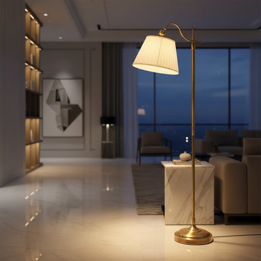 Lorvali copper floor lamp with an adjustable arch and white fabric shade in a modern living room setting.