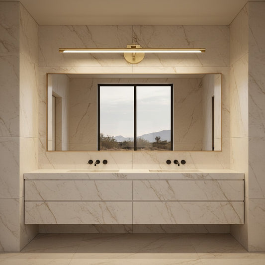 Lorvali modern copper LED vanity strip light mounted above a bathroom mirror in a marble-tiled room.