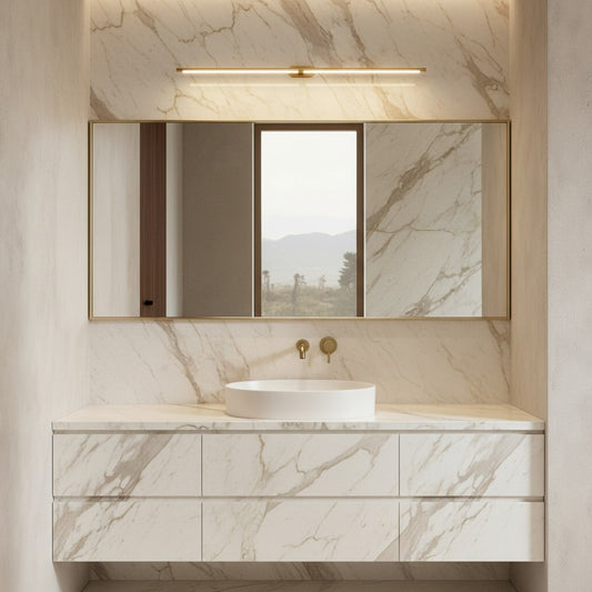 Lorvali modern copper LED bathroom vanity light strip mounted above a marble mirror in a luxury bathroom setting.