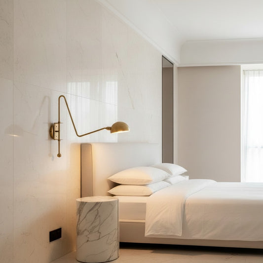 Lorvali Nordic minimalist copper swing arm wall sconce mounted above a modern white bed in a bright bedroom.