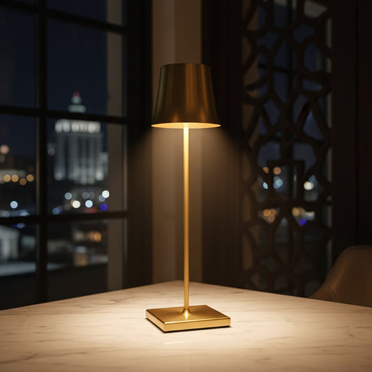 Lorvali cordless metal table lamp in gold finish with a sleek slender silhouette and warm ambient LED lighting.