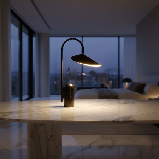 Lorvali Crescent Table Lamp with a black metal stem, marble base, and asymmetrical shade on a marble table.