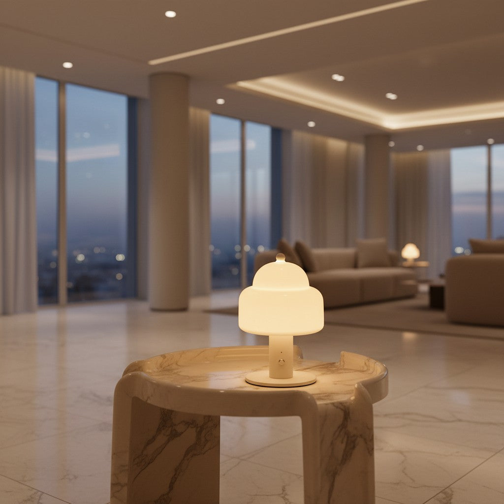 Lorvali Drome Cloud table lamp with a white glass dome and metal base, glowing on a marble side table in a modern room