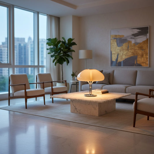 Lorvali Elara Petal Table Lamp with a sand brown clover-shaped glass shade and chrome base on a marble coffee table.