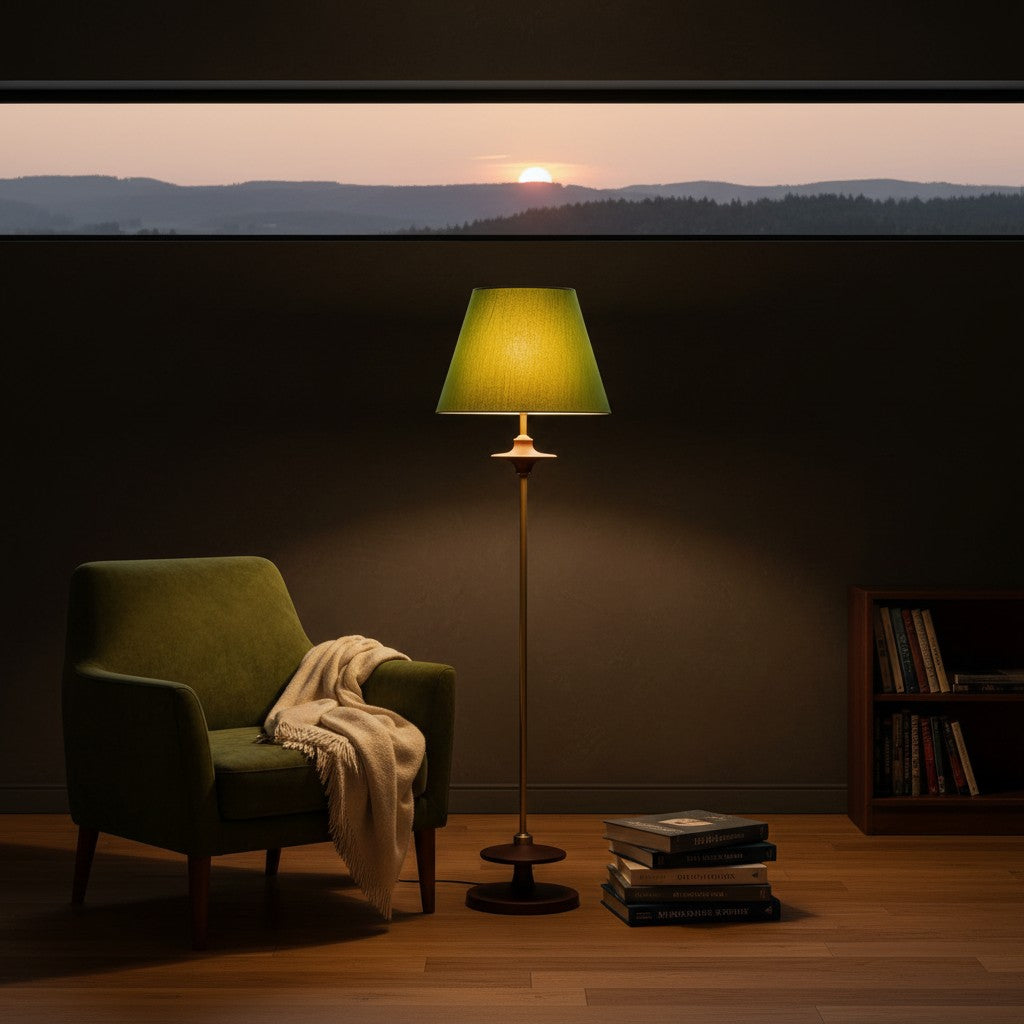 Lorvali Elroy Spindle floor lamp with a green fabric shade and dark walnut wood base in a cozy living room setting.